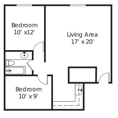 Floor plan for 2 beds, 1 bath, 750 sqft